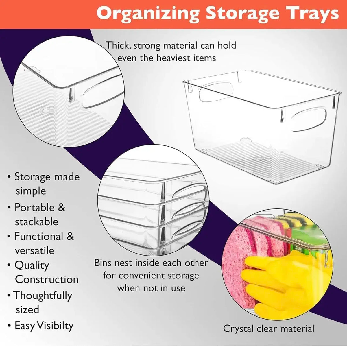 Clear Storage Bins 4 Pack, Stackable Kitchen Organizers
