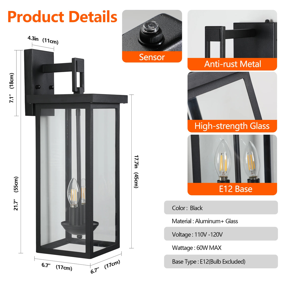 Outdoor Wall Lantern With Dusk To Dawn Sensor For Homes