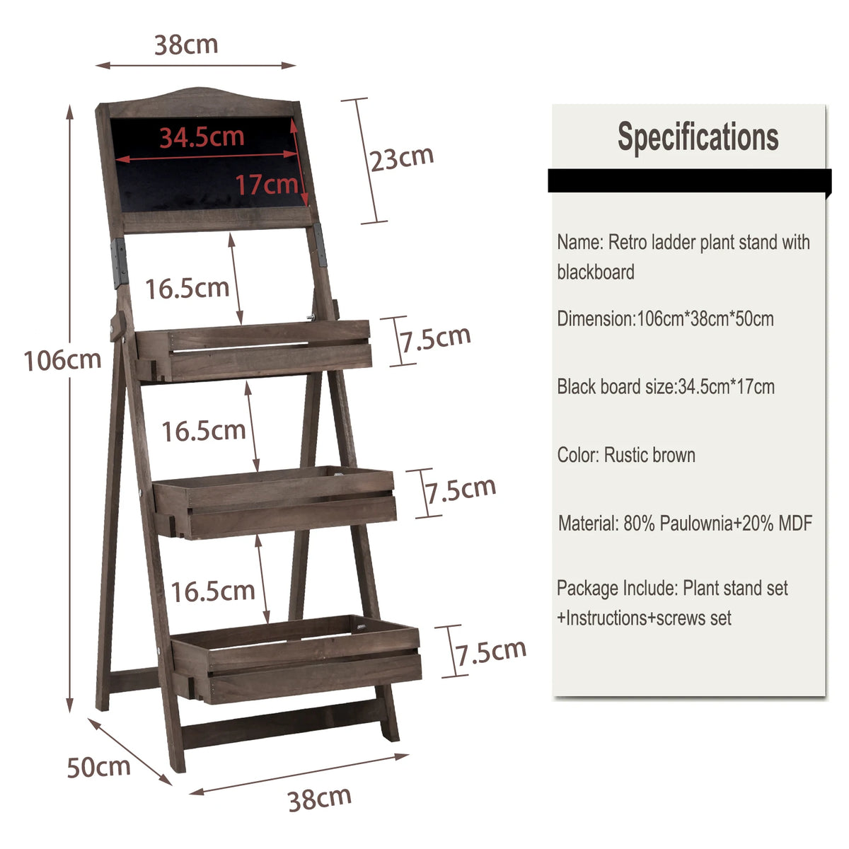 Folding Ladder 3 Tier Plant Stand Garden Flower Pot Holder Shelf with Chalkboard A-Frame Sidewalk Menu Display
