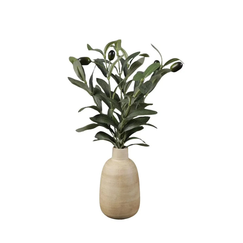 Artificial Olive Arrangement in Wood Finish Ceramic Vase for Tabletops