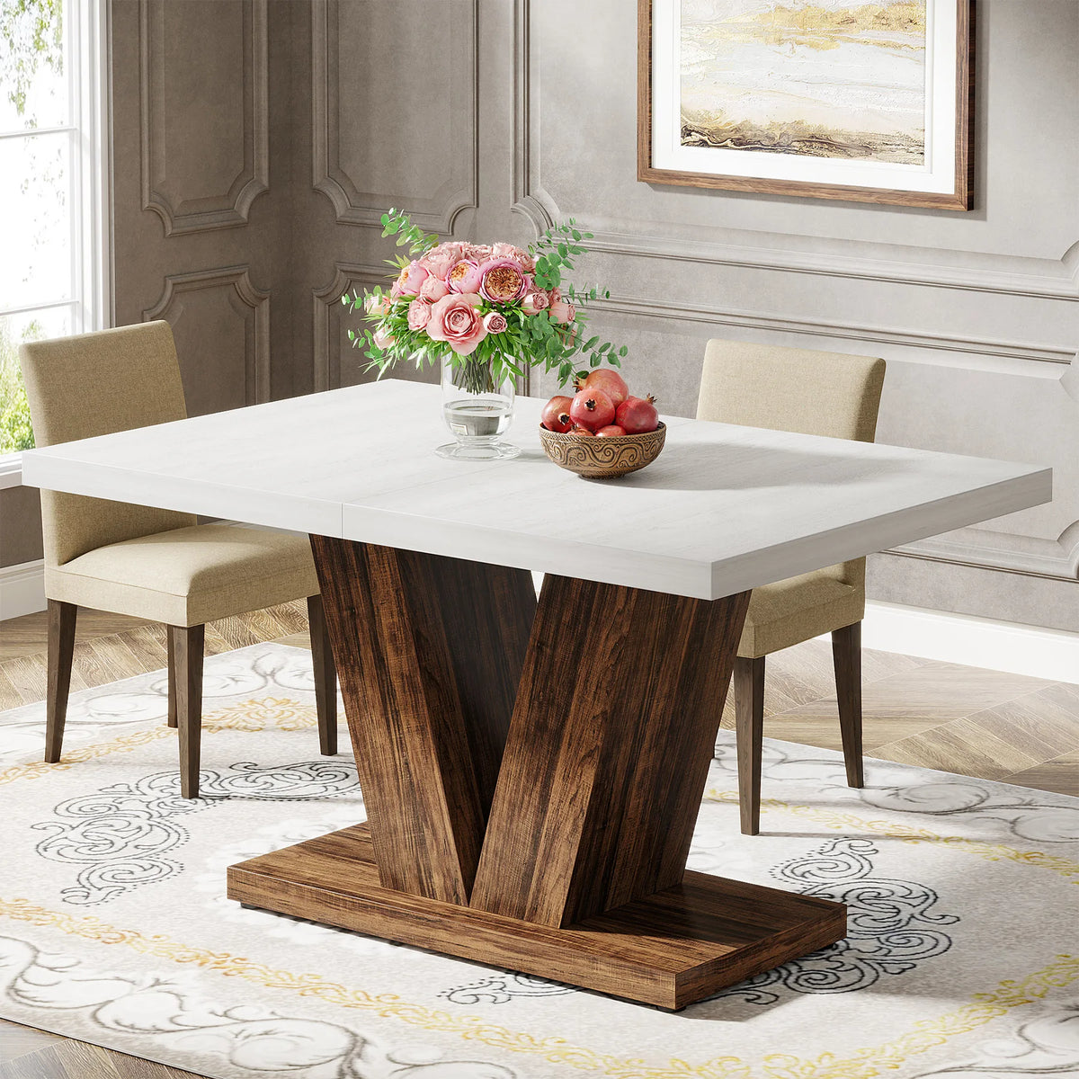 Tribesigns Farmhouse Wooden Dining Table with Pedestal Base