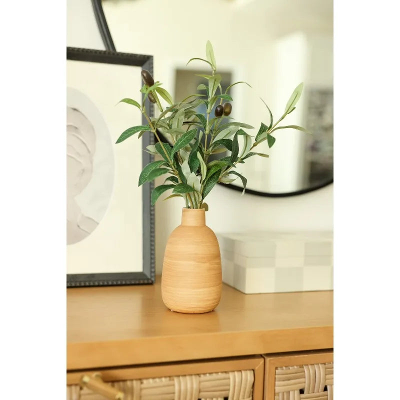 Artificial Olive Arrangement in Wood Finish Ceramic Vase for Tabletops