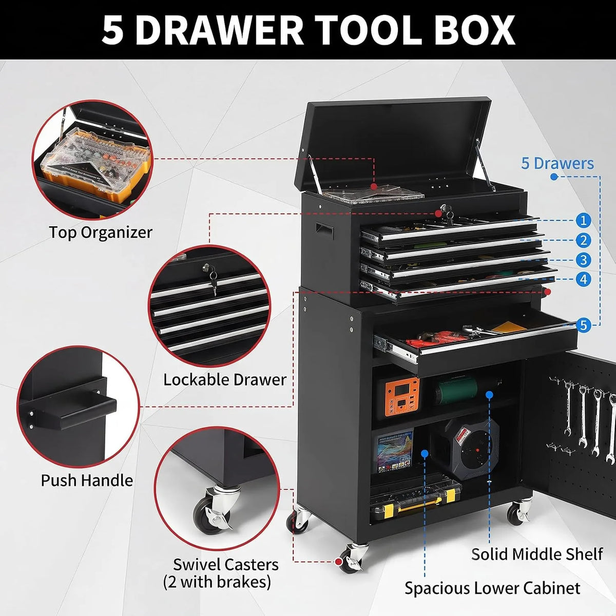 5 Drawer Rolling Tool Cabinet, Lockable Steel Cart For DIY