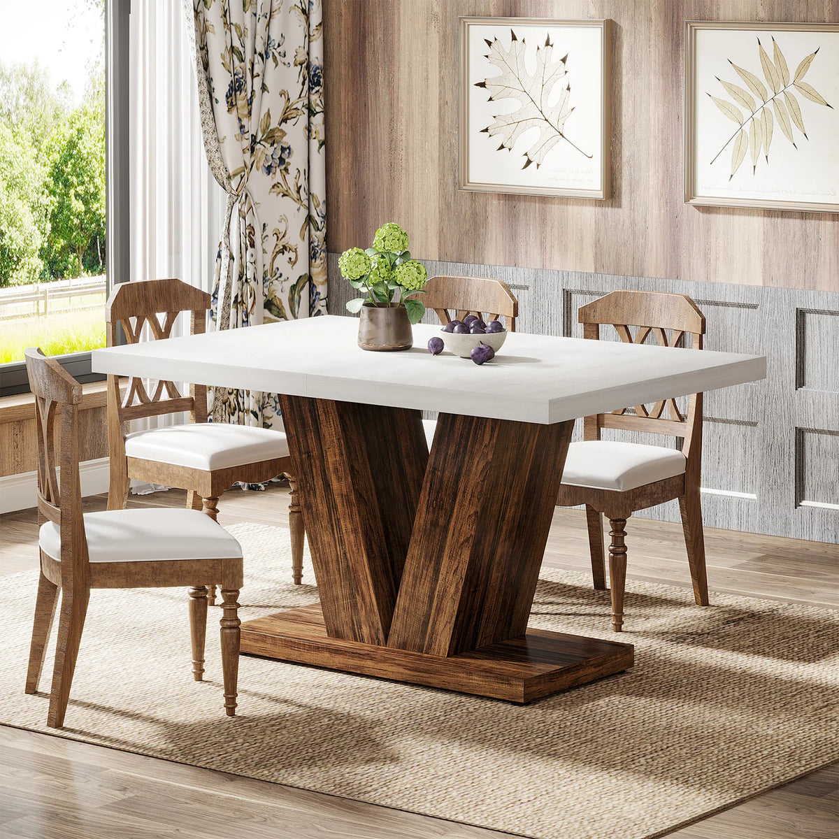 Tribesigns Farmhouse Wooden Dining Table with Pedestal Base