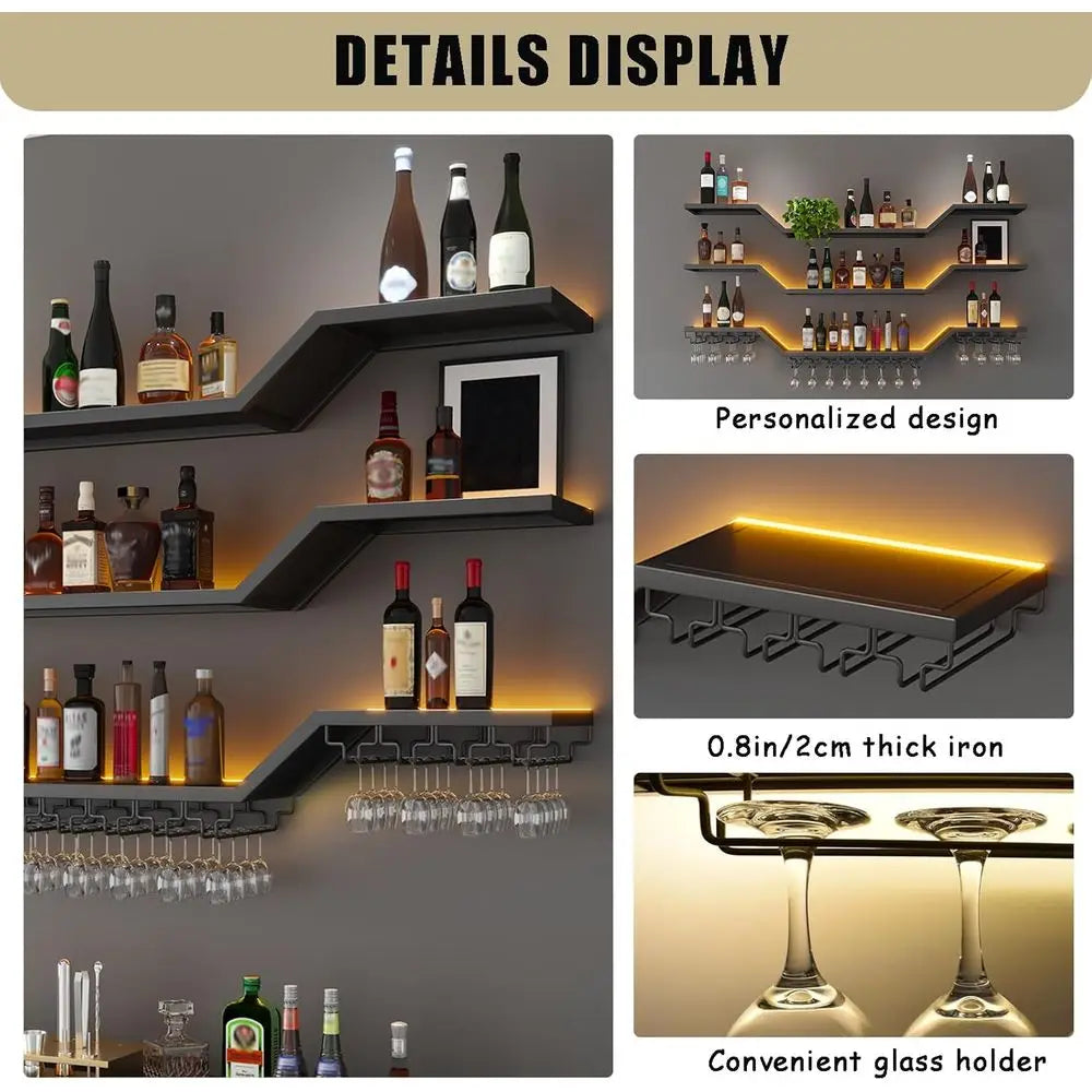 39.4 Contemporary LED Wall-Mounted 3-Tier Wine Rack with Glass Holder, Black, Ideal for Home Bar & Dining Area