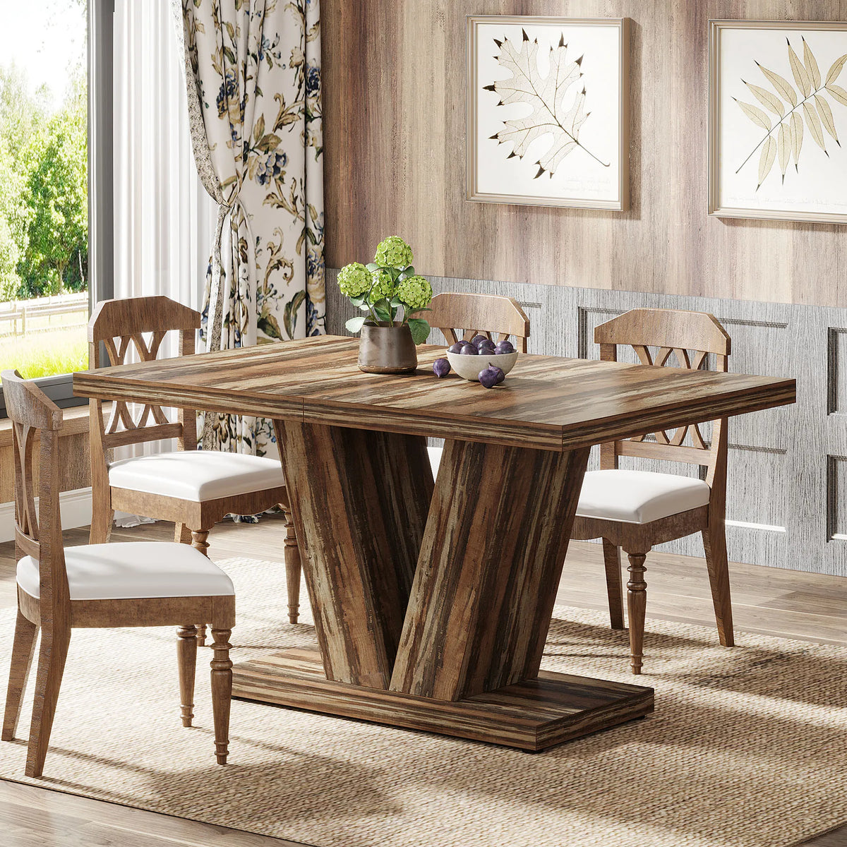 Tribesigns Farmhouse Wooden Dining Table with Pedestal Base