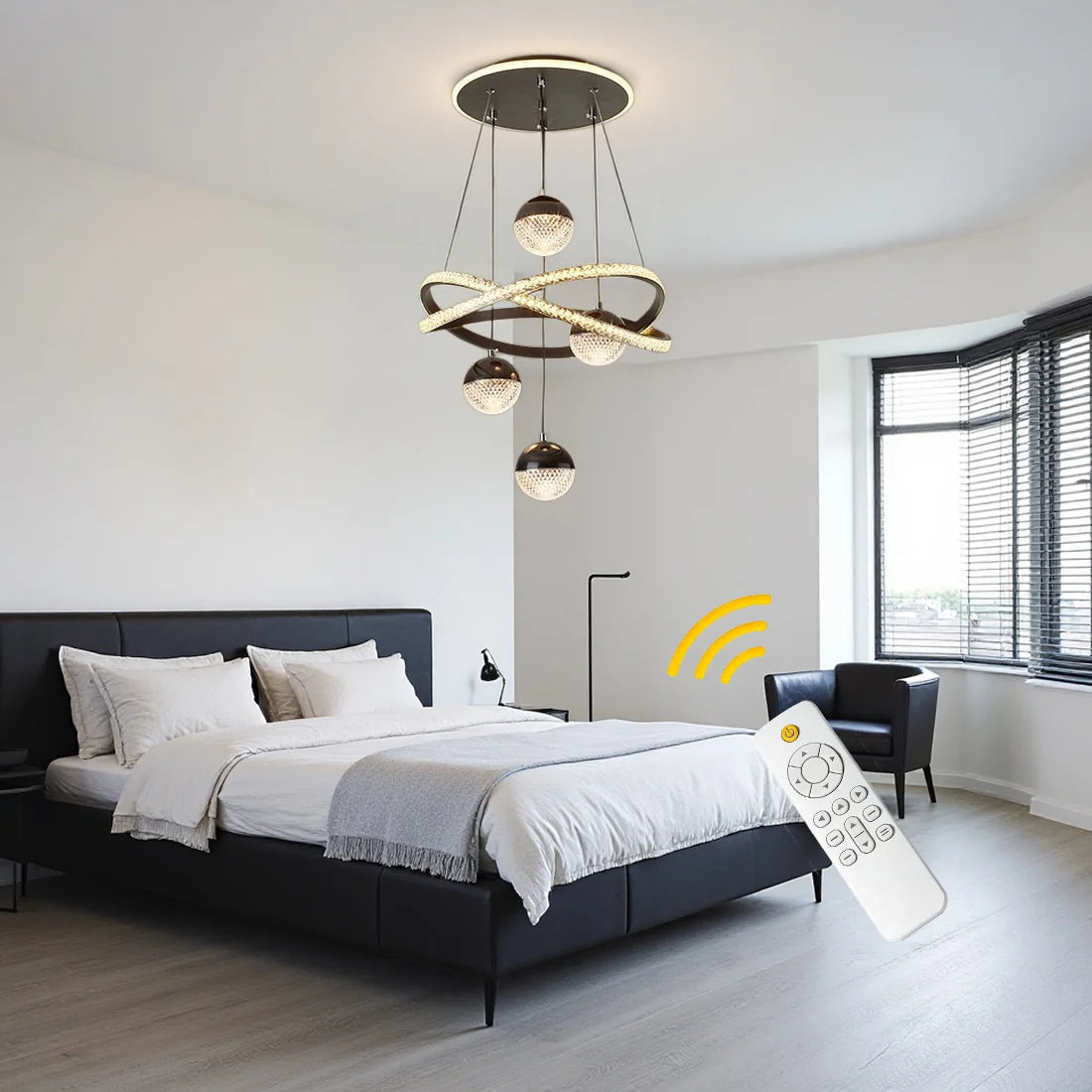 Modern LED Pendant Light with 4 Spherical Light Heads, Remote Control, Three Adjustable Light Colors, and Adjustable Height. Suitable for Above Dining Tables, Living Rooms, Bedrooms, and Home Offices.