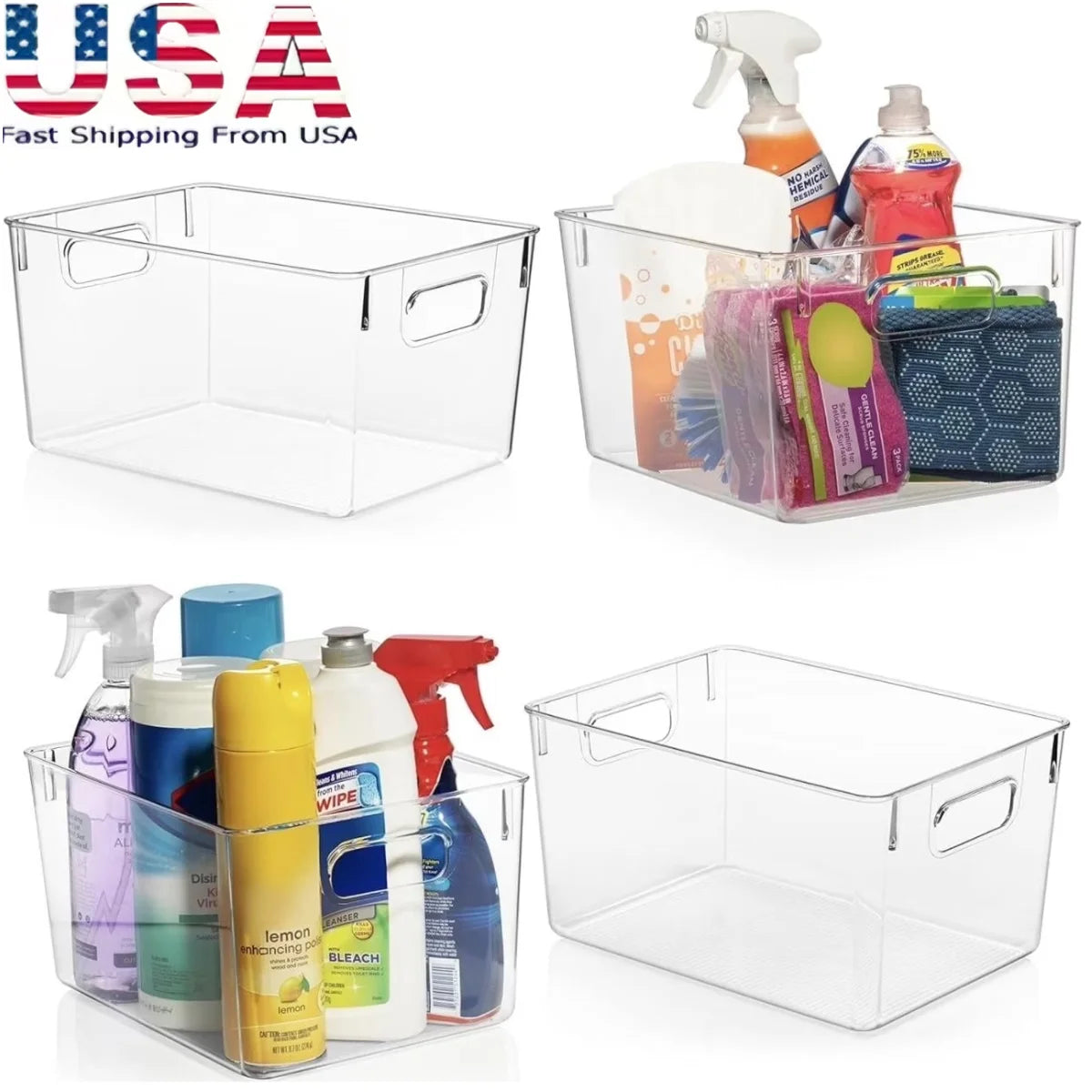 Clear Storage Bins 4 Pack, Stackable Kitchen Organizers
