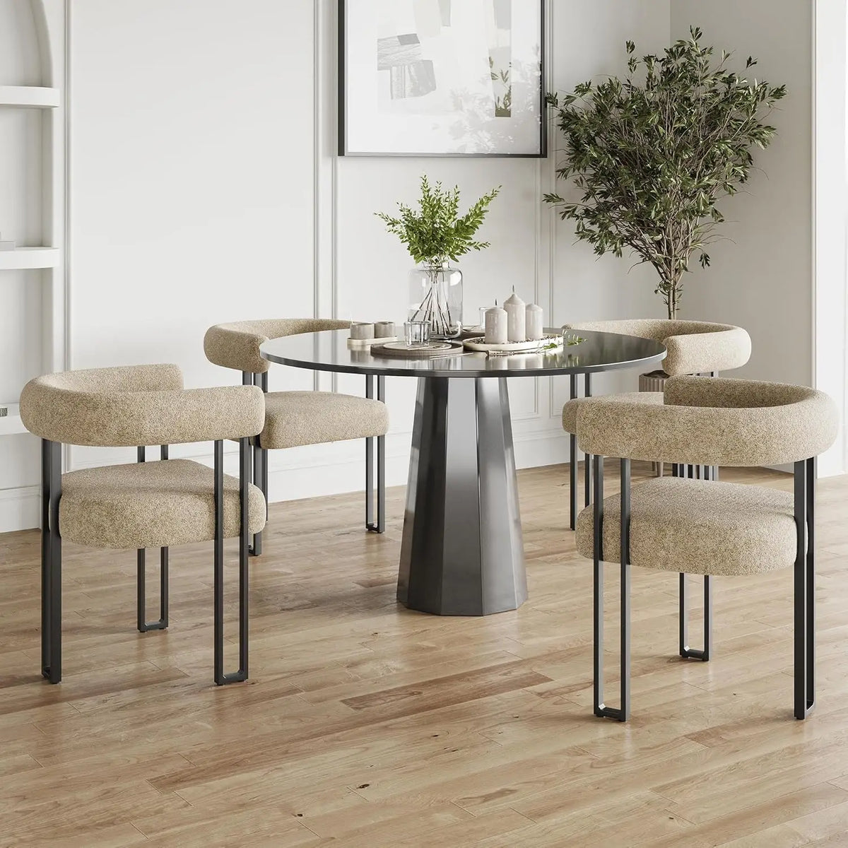 Set of 2 Upholstered Dining Arm Chairs, Bouclé Fabric Accent Chairs, Modern Armchairs with Cushioned Seat & Back