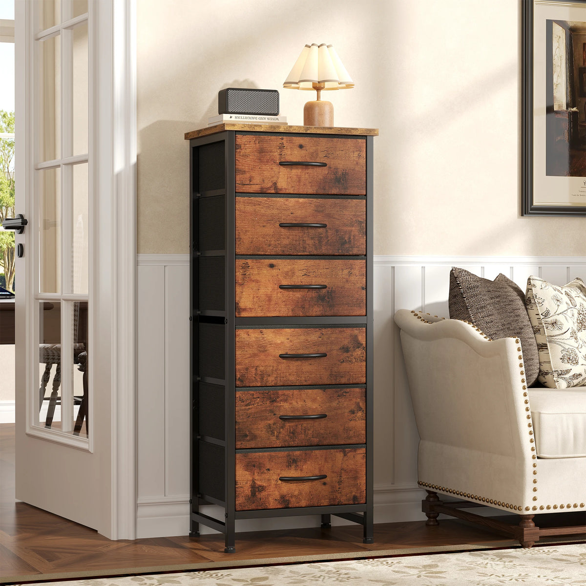 JHK Six Drawer Dresser With Wood Top And Metal Frame