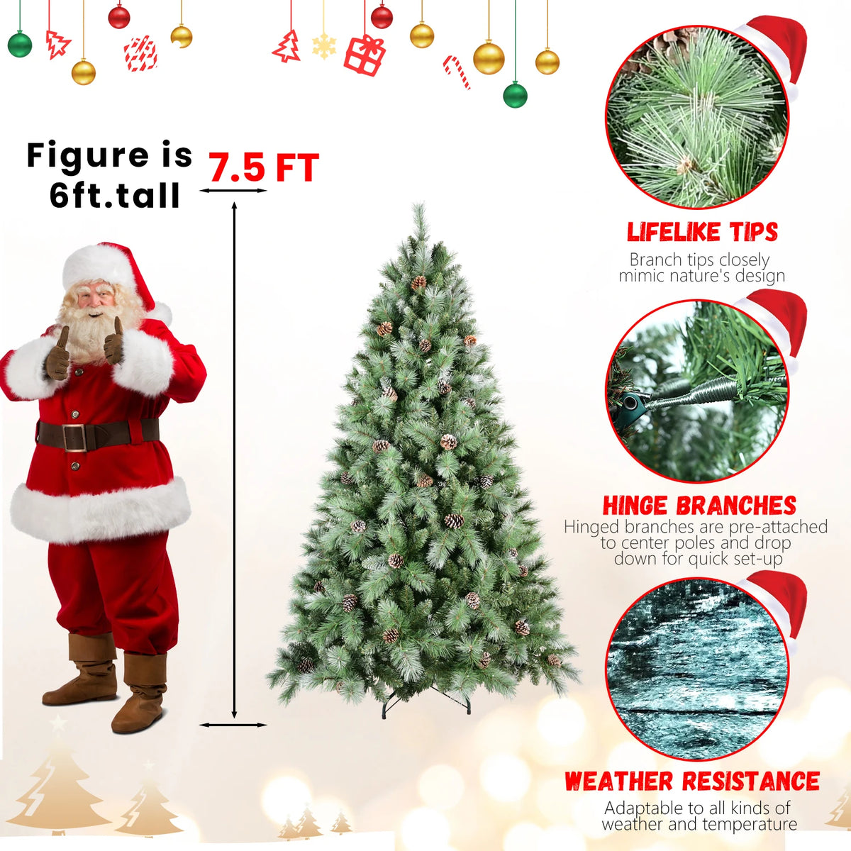 7.5ft Christmas Tree with 92 Pine Cones, 1588 Tip Mixed PVC & Hard Needle Hinged Construction, Easy Setup Artificial Holiday Tree with Heavy-Duty Metal Stand, Green