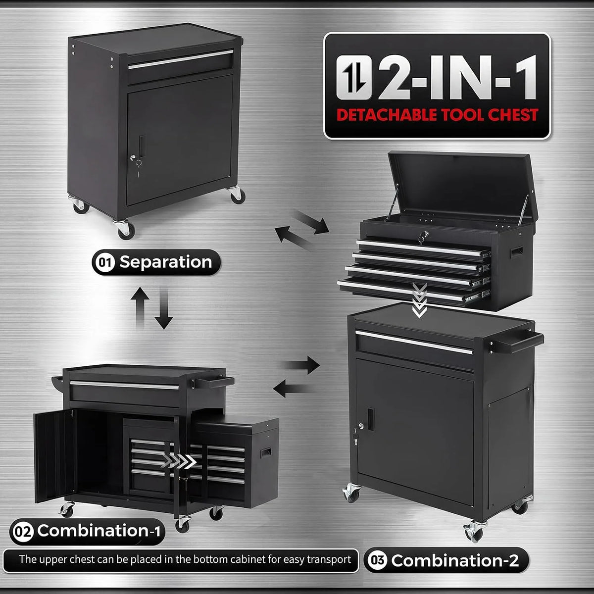 5 Drawer Rolling Tool Cabinet, Lockable Steel Cart For DIY