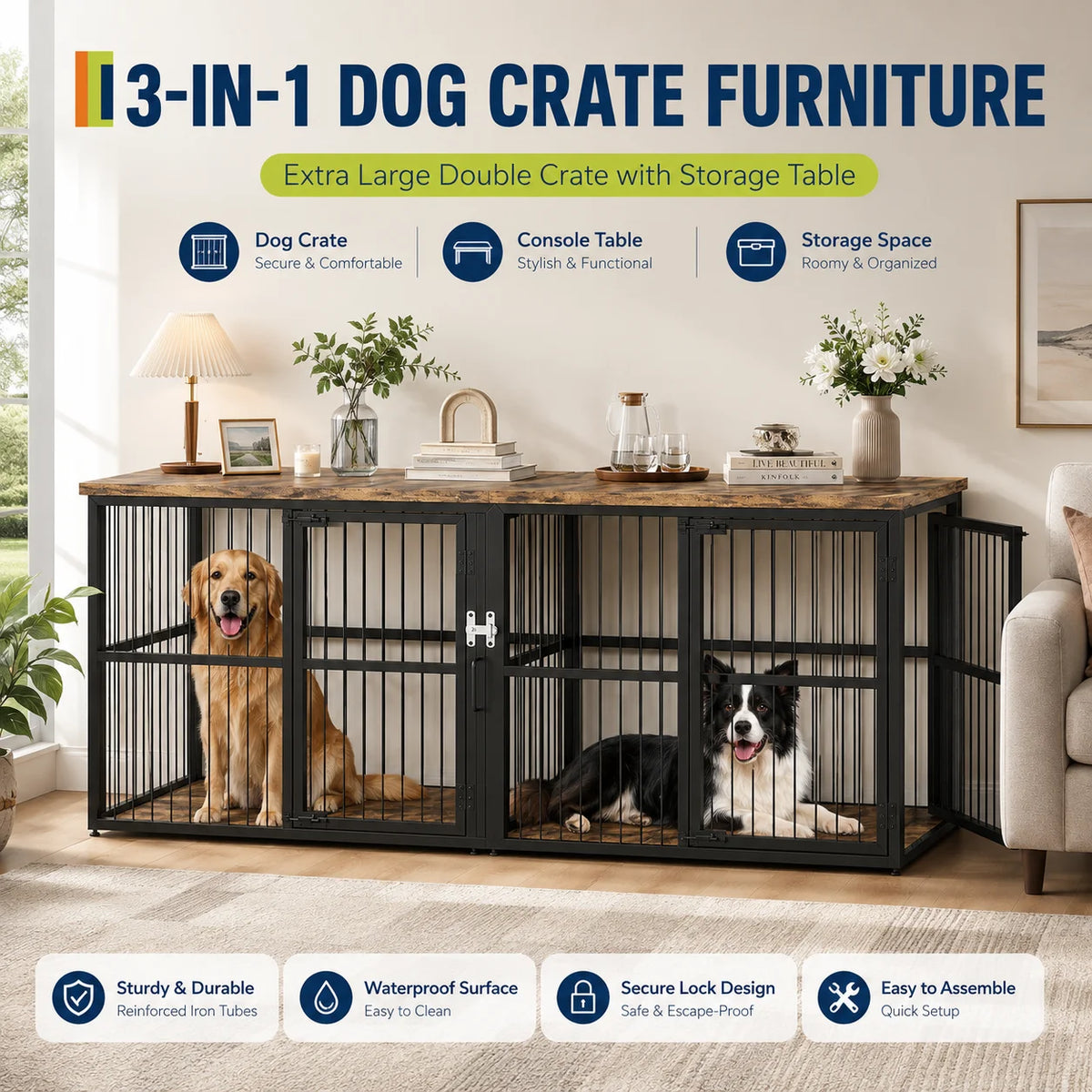 Heavy Duty Double Dog Crate With Divider for Two Dogs