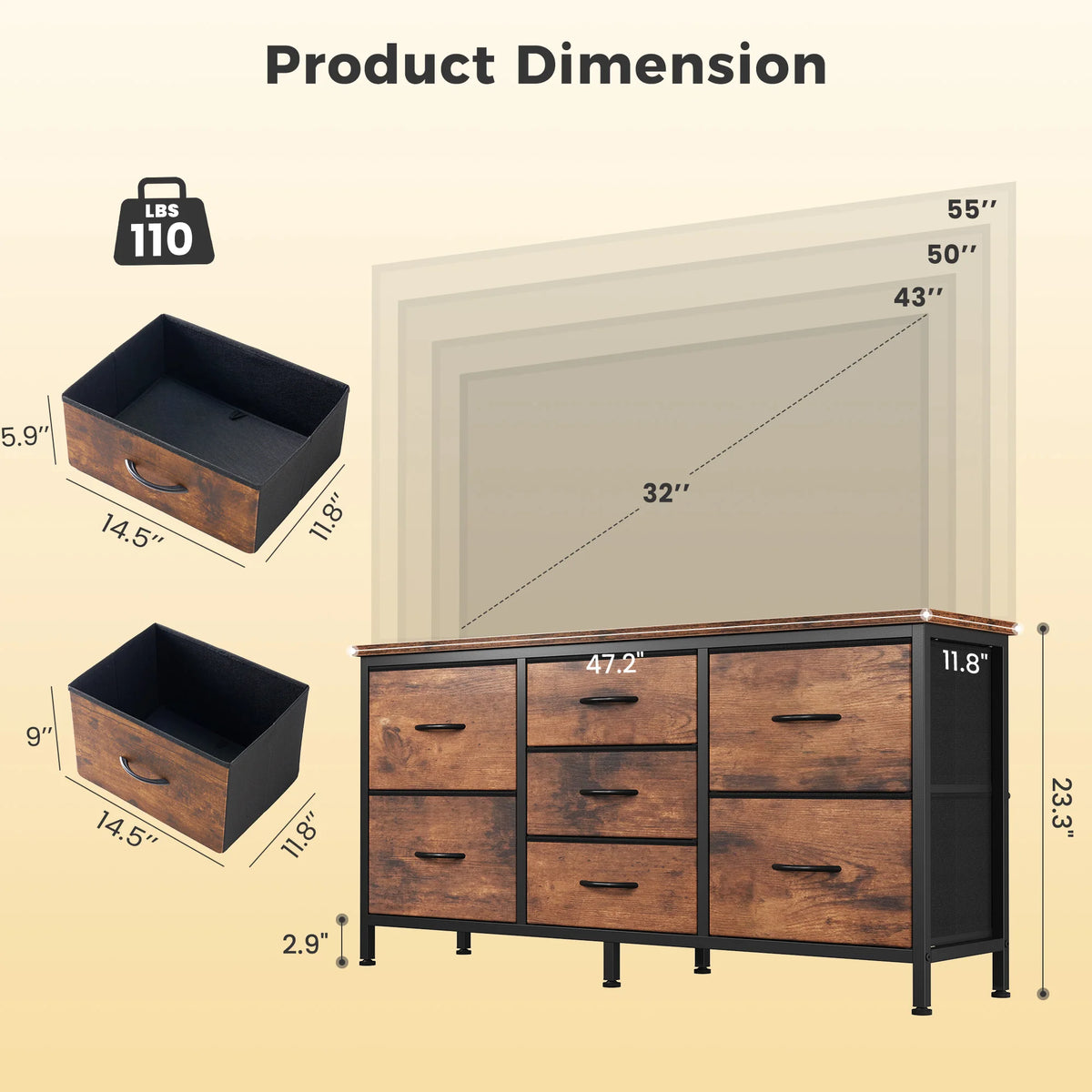 JHK 7 Drawer Drawers TV Stand Dresser Wood Top Media Console for 32-55 inch TV Stand with Metal Frame Storage Display Furniture
