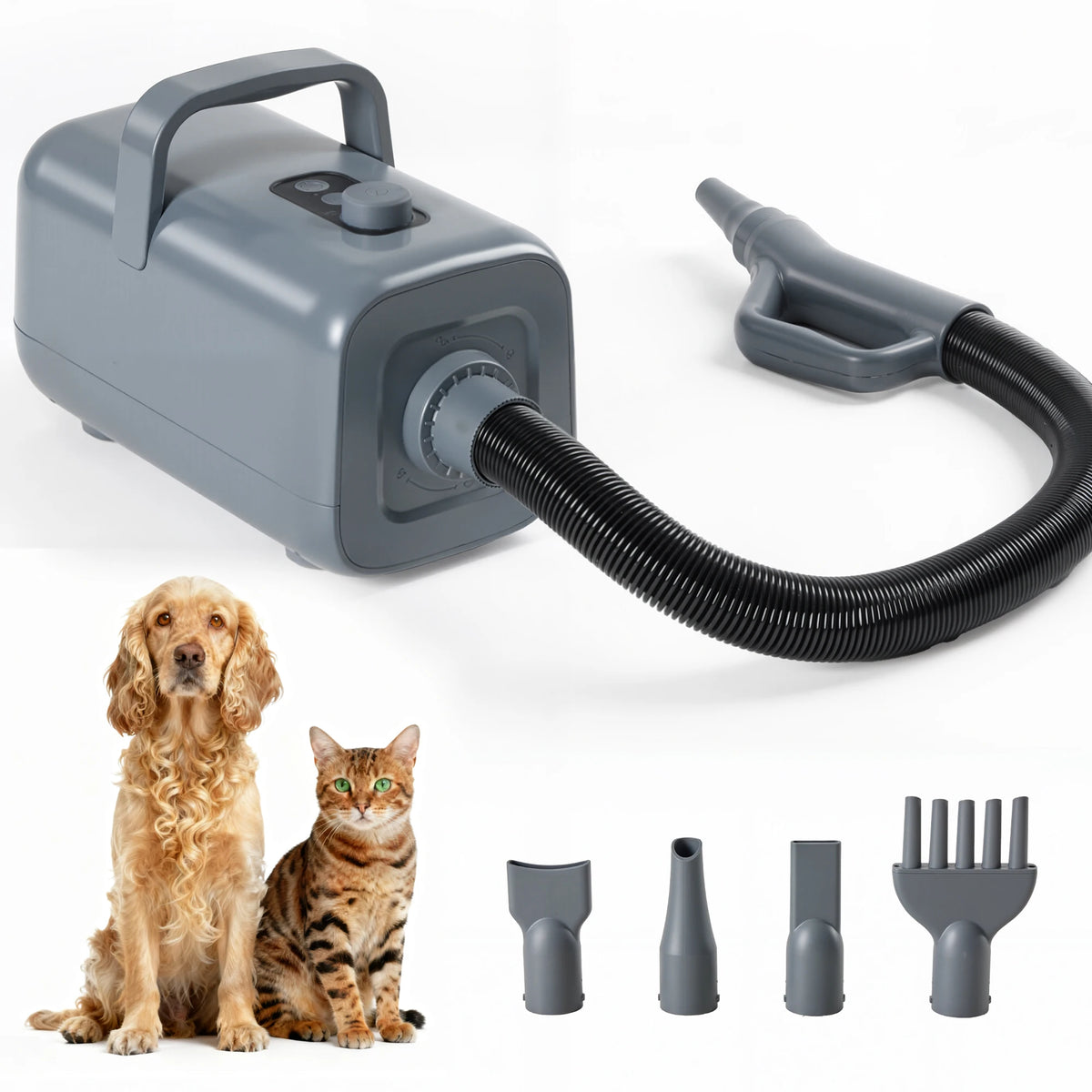 JHK 5-piece Pet Blow Dryer Grooming Vacuum Kit 4 Nozzles 6.5 FT Cord for Low Noise Dog Hair Dryer with Adjustable Cool-Warm-Hot