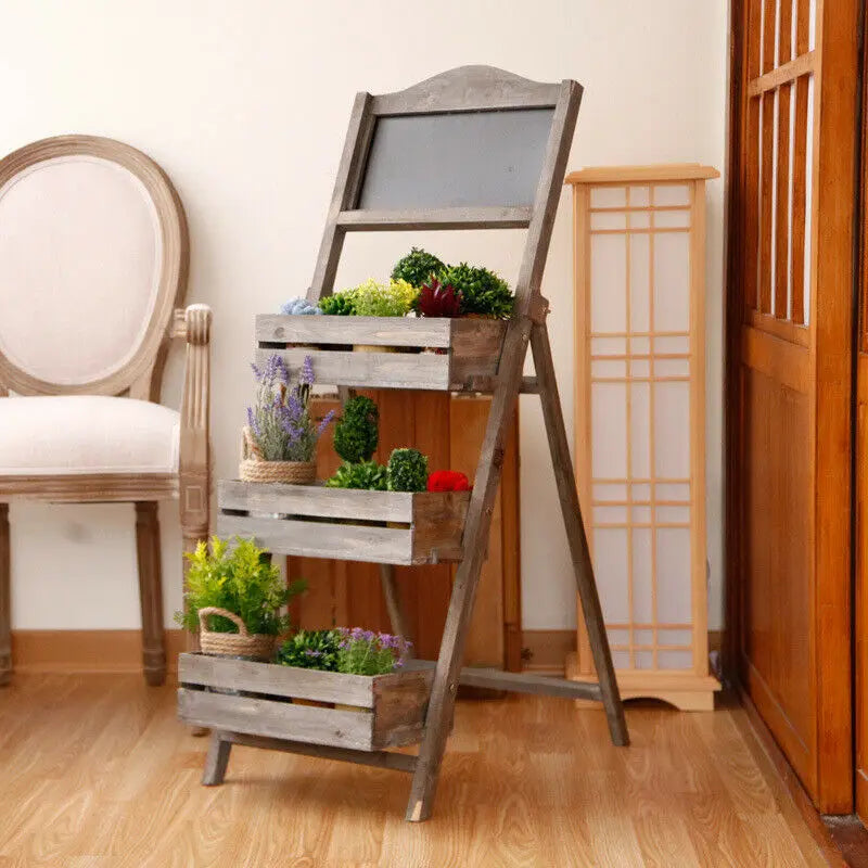 Folding Ladder 3 Tier Plant Stand Garden Flower Pot Holder Shelf with Chalkboard A-Frame Sidewalk Menu Display