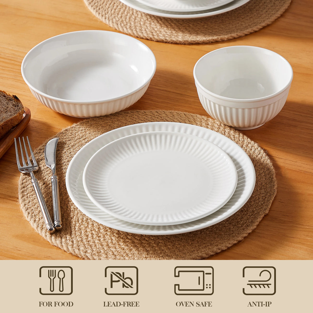 MALACASA LEILA 12/16/24/32 Ceramic Plate Sets White Porcelain Dinnerware Set with 4/6 PCS Dinner Plate/Dessert/Cereal Bowl/Soup