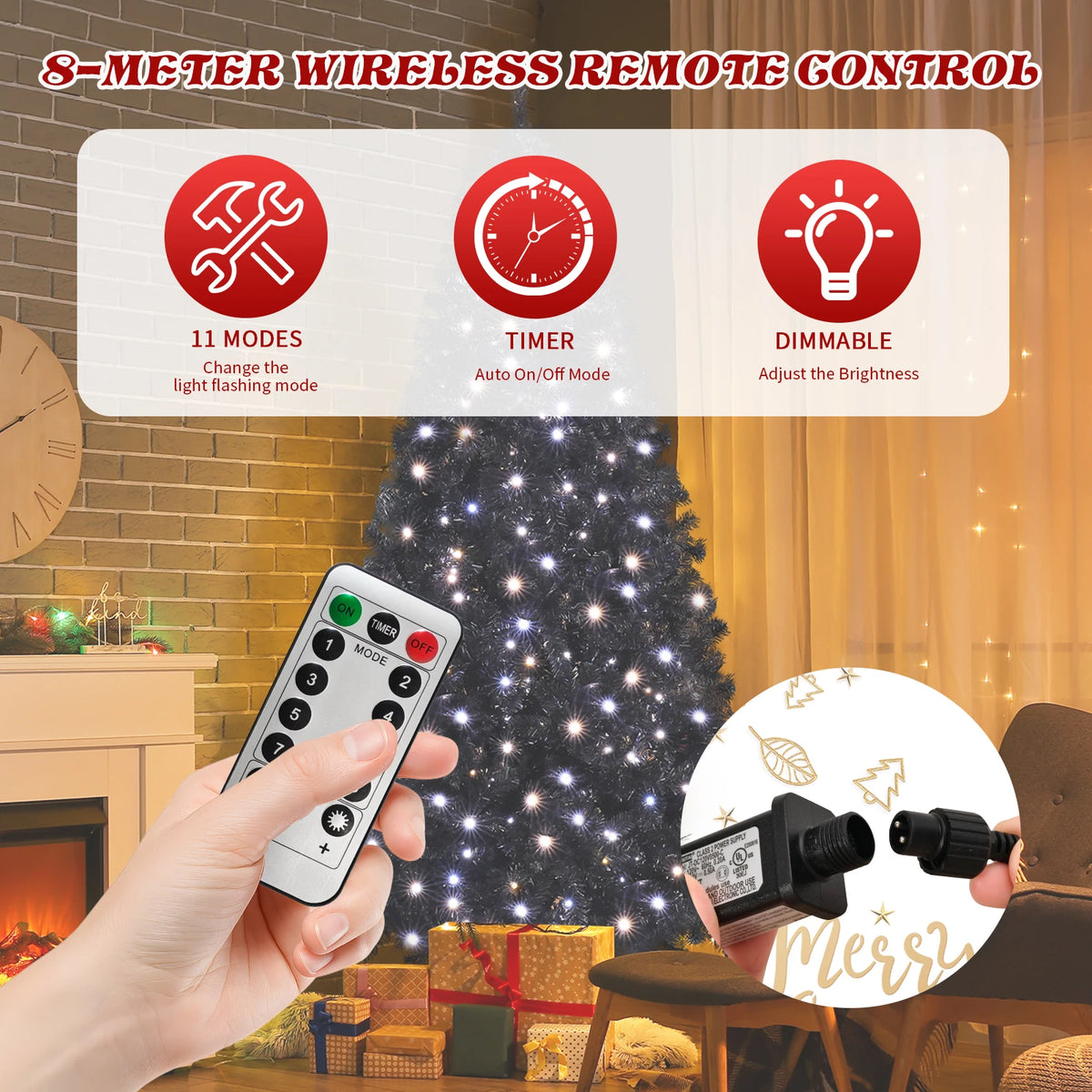 7.5 FT Pre-lit Artificial Christmas Tree, Hinged Xmas Pine Tree with 1350 Branch Tips, 400 Lights and Remote Control for Holiday Party Office Home, Black
