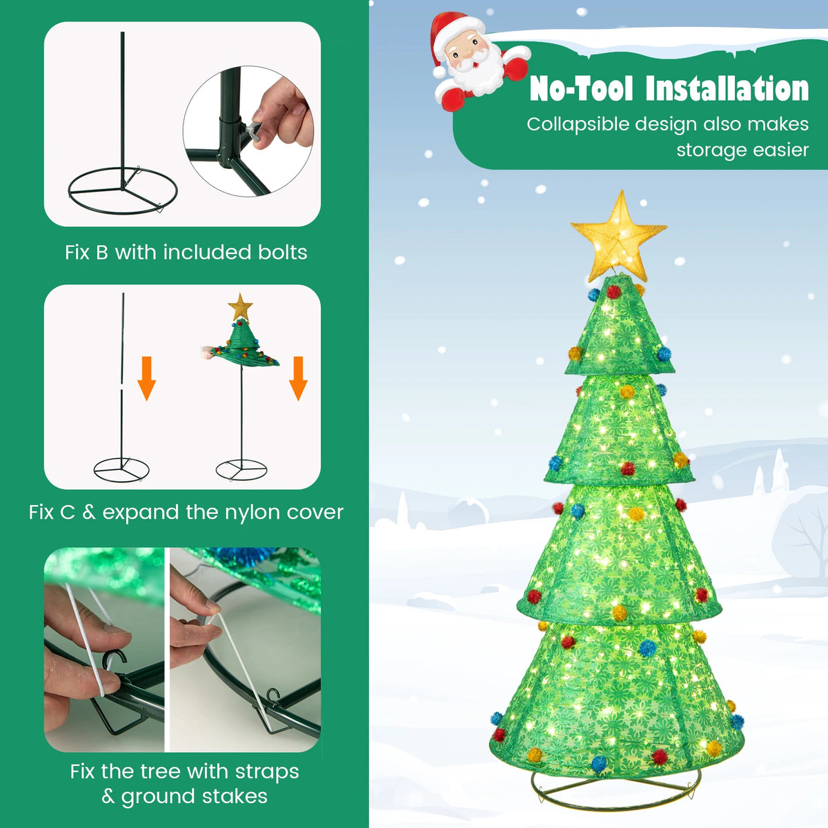 Pop-Up Christmas Tree Pull-Up Artificial Xmas Collapsible Decoration 200 Lights