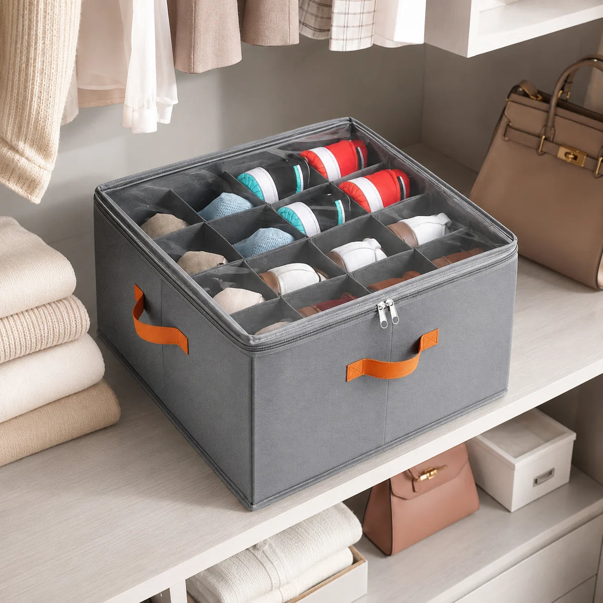 Fabric Shoe Storage Organizer Bin with Clear Cover, Multi-Compartment Vertical Shoe Storage Box with Handles, Space Saving Closet Organizer Container for Sneakers Heels Flats