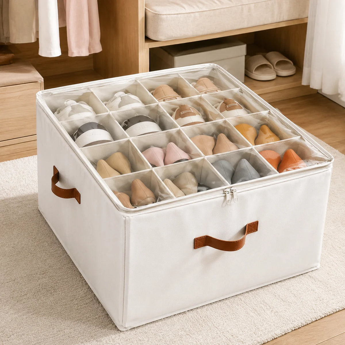Fabric Shoe Storage Organizer Bin with Clear Cover, Multi-Compartment Vertical Shoe Storage Box with Handles, Space Saving Closet Organizer Container for Sneakers Heels Flats