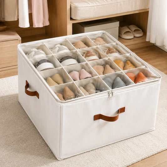 Fabric Shoe Storage Organizer Bin with Clear Cover, Multi-Compartment Vertical Shoe Storage Box with Handles, Space Saving Closet Organizer Container for Sneakers Heels Flats