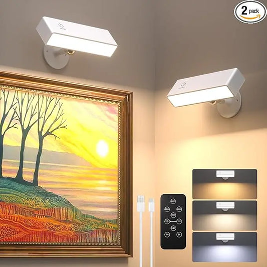 2 Pack 360° Rotatable Magnetic LED Wall Sconce, Type-C Rechargeable Dimmable Reading Lamp with Remote Control, 3 Color Modes Portable Wall Light for Bedside, Vanity Mirror, Bathroom