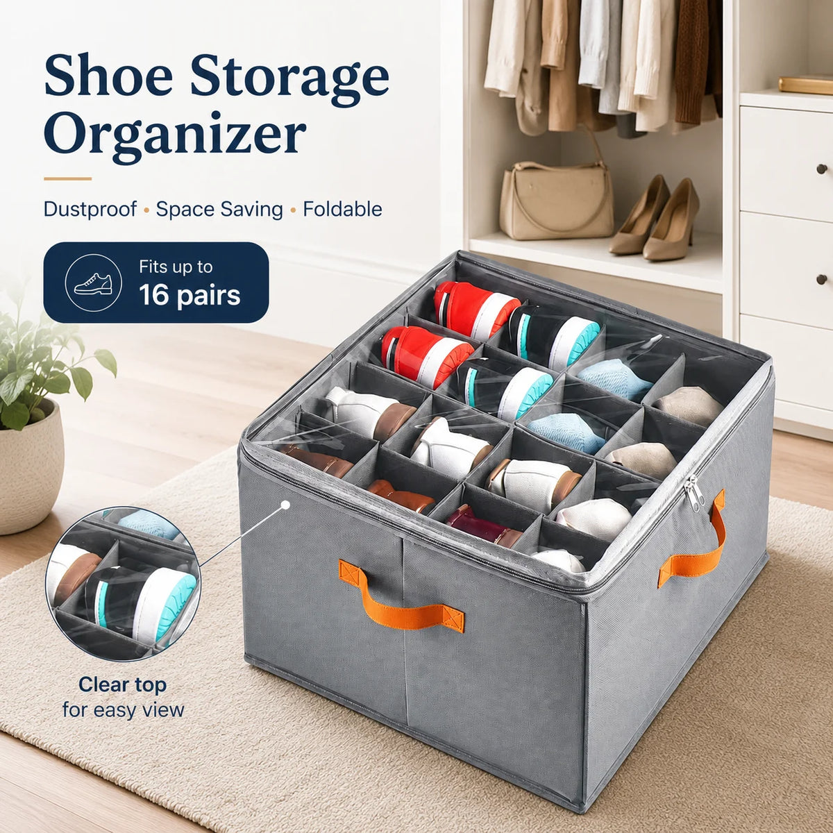 Fabric Shoe Storage Organizer Bin with Clear Cover, Multi-Compartment Vertical Shoe Storage Box with Handles, Space Saving Closet Organizer Container for Sneakers Heels Flats