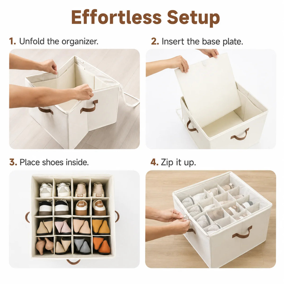 Fabric Shoe Storage Organizer Bin with Clear Cover, Multi-Compartment Vertical Shoe Storage Box with Handles, Space Saving Closet Organizer Container for Sneakers Heels Flats