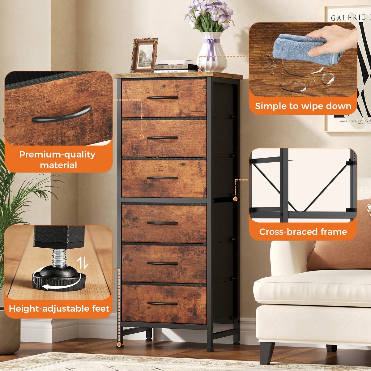 JHK Six Drawer Dresser With Wood Top And Metal Frame