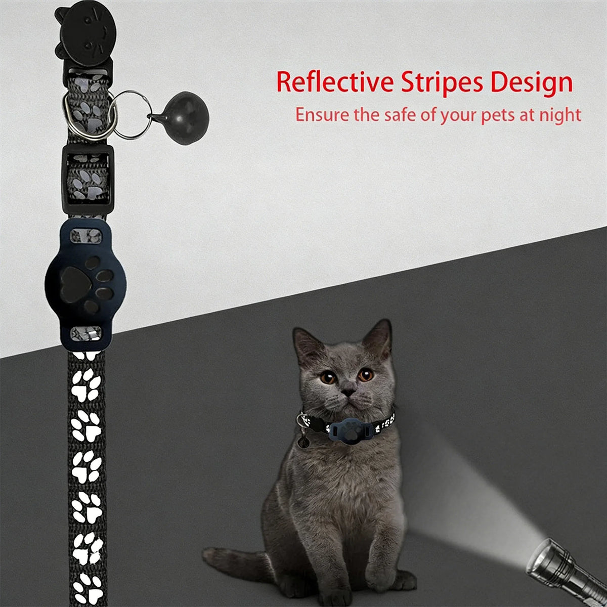 Night Safe Tracker Cat Collar Reflective Paw Design Works iOS & Android Breakaway Buckle Waterproof Anti-Lost Collar for Small Kittens
