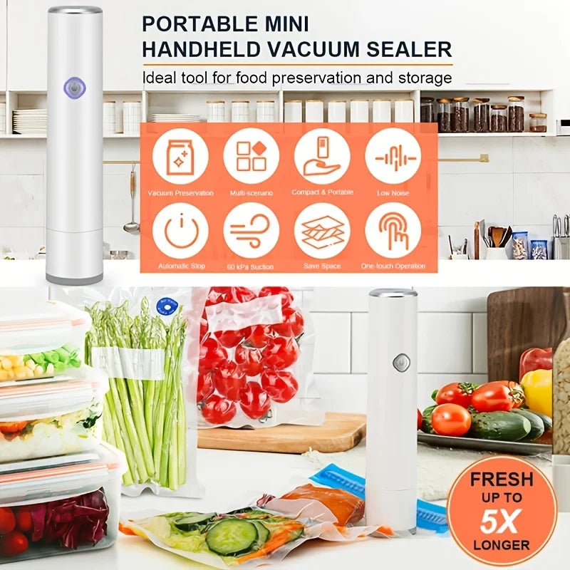 Handheld Vacuum Sealer with 5PCS Reusable Bags, Powerful Handheld Vacuum Machine, Portable Meal Saver, Keep Food Fresh, Rechargeable Portable Vacuum Machine for Meal Vegetable Fruit Preparation And Airtight Sealing Kitchen St