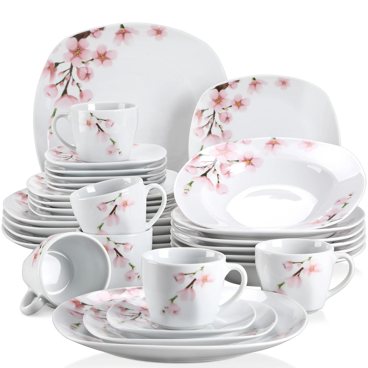 VEWEET ANNIE 30/24/20 Pcs Porcelain Dinnerware Set Pink Floral Plates Dinner Set with Dinner Plate/Dessert/Soup/Cup/Saucer