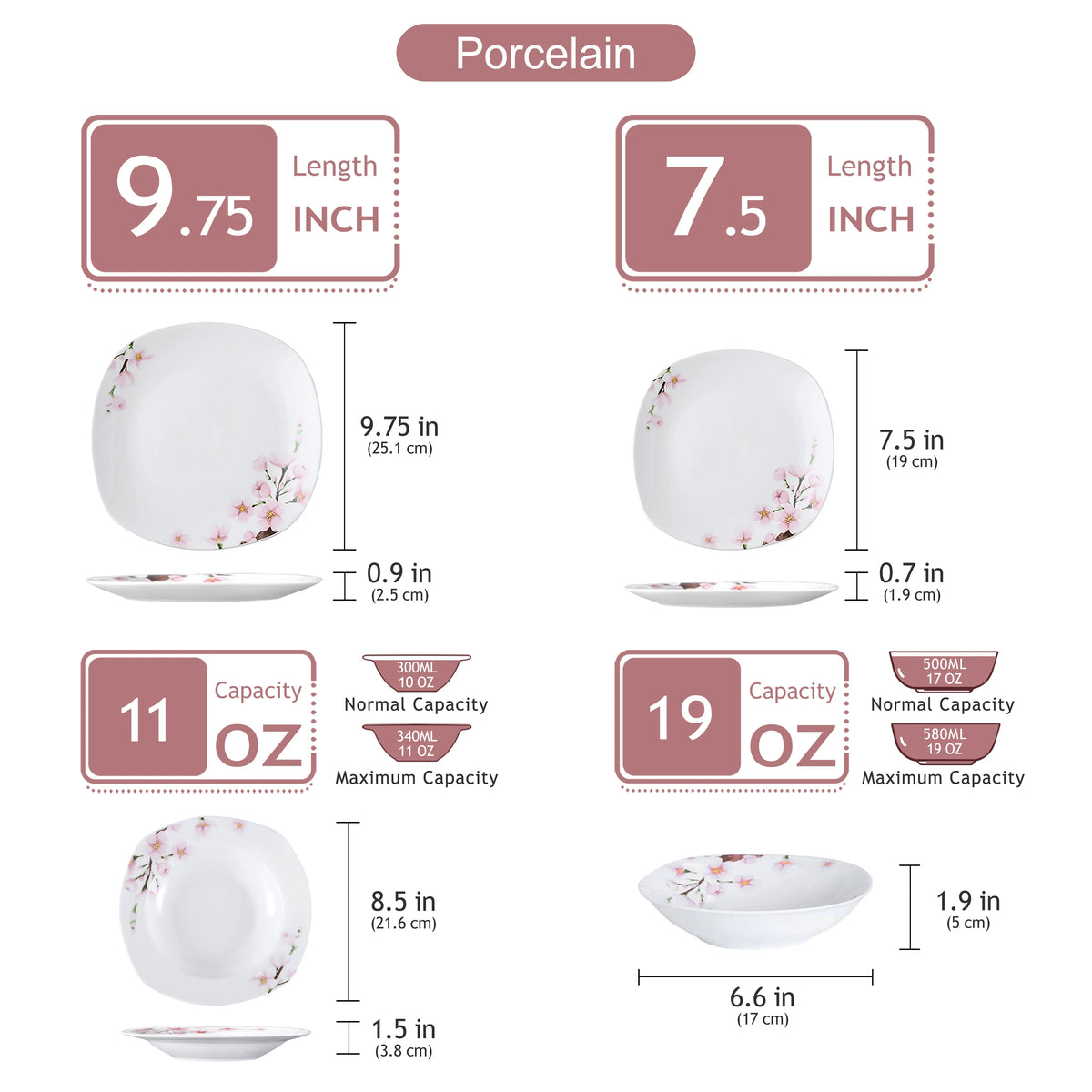 VEWEET ANNIE 30/24/20 Pcs Porcelain Dinnerware Set Pink Floral Plates Dinner Set with Dinner Plate/Dessert/Soup/Cup/Saucer