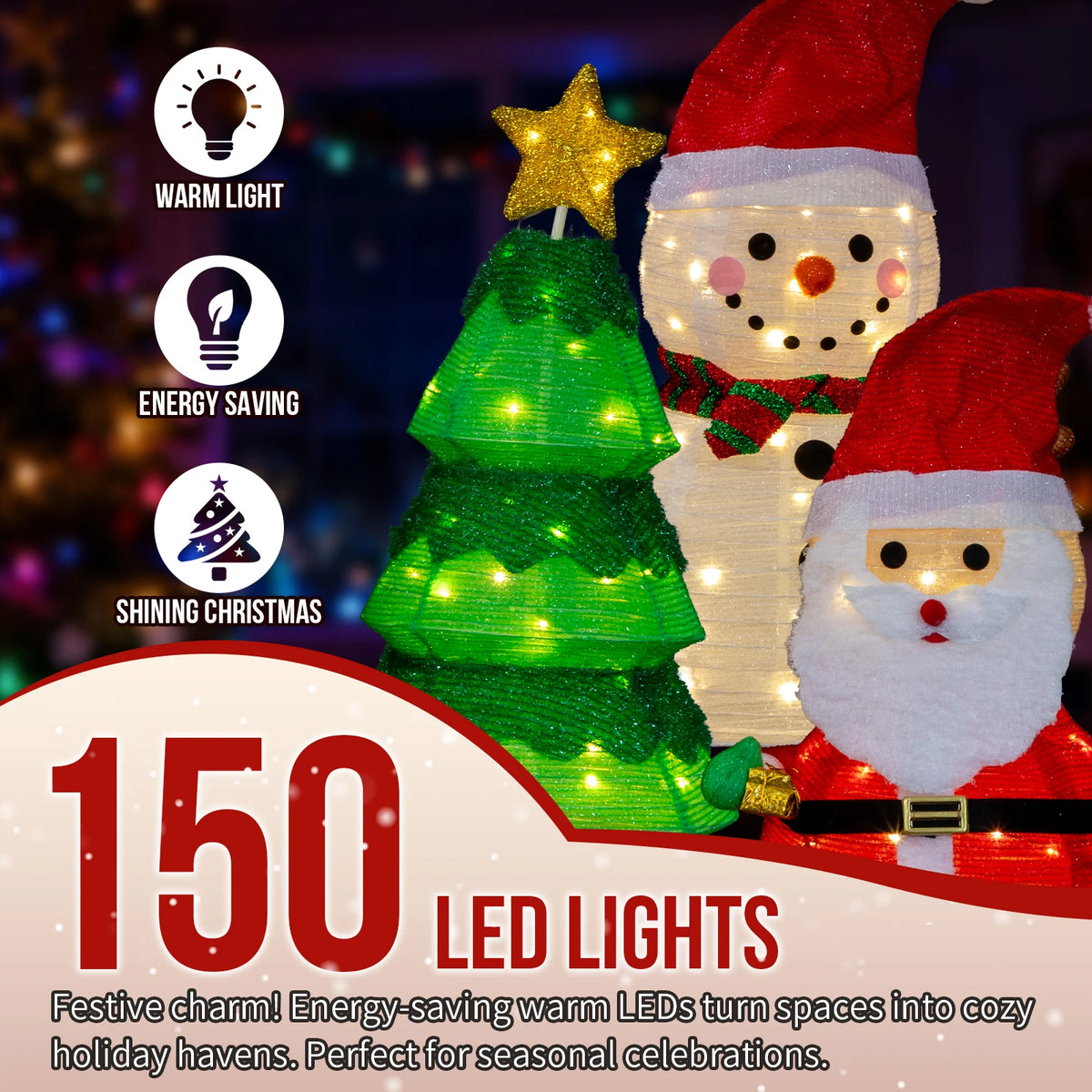 Set of 3 Lighted Santa and Snowman and Xmas Tree Christmas Decorations, Pre-lit Pull Up Holiday Decor with 150 Warm White LED Lights for Xmas Outdoor Indoor Decor Lighted Holiday Displays