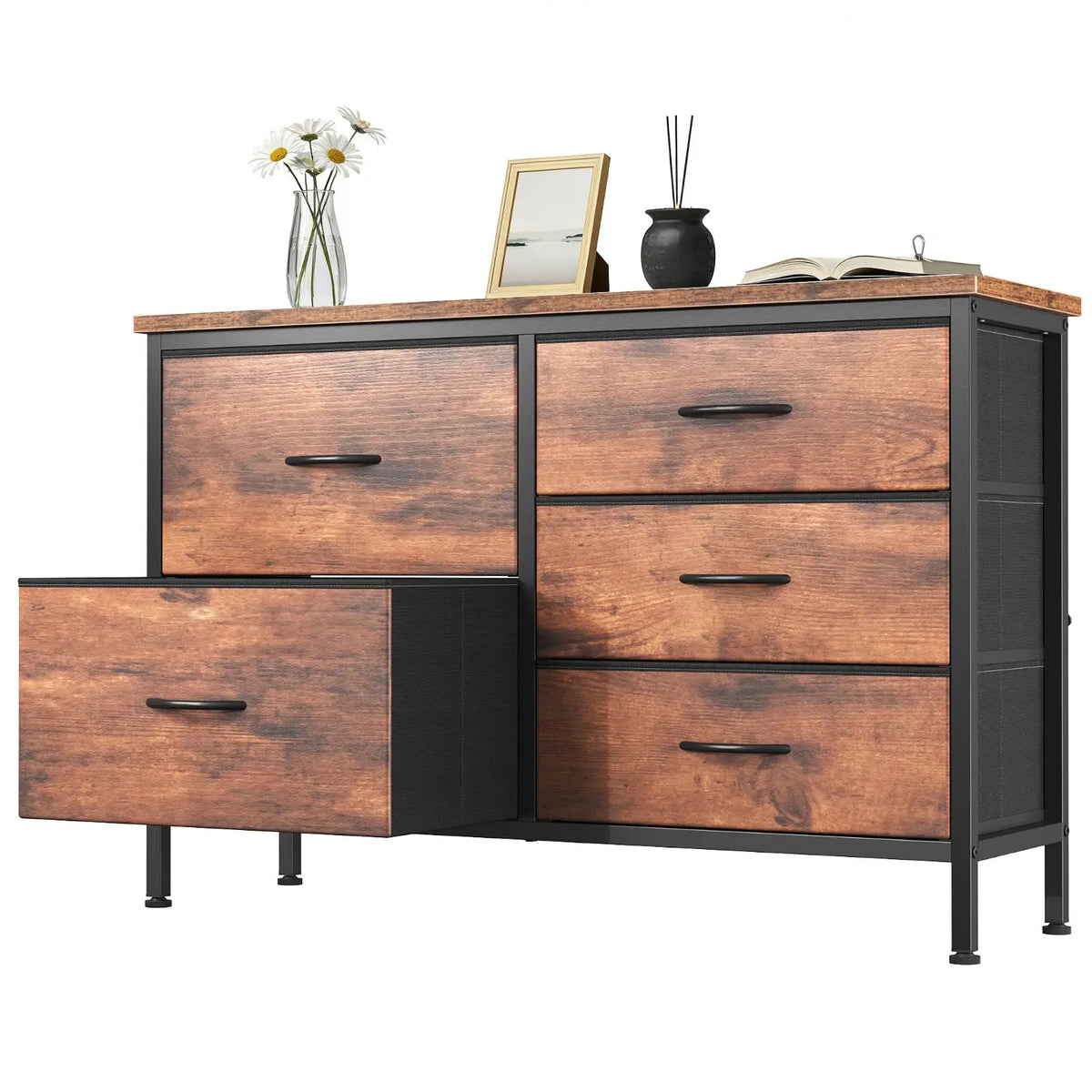 MCQ Cabinet With 5 Fabric Drawers Metal Frame Beside Nightstand Dresser TV Stand Tables Various Storage Display Home Furniture