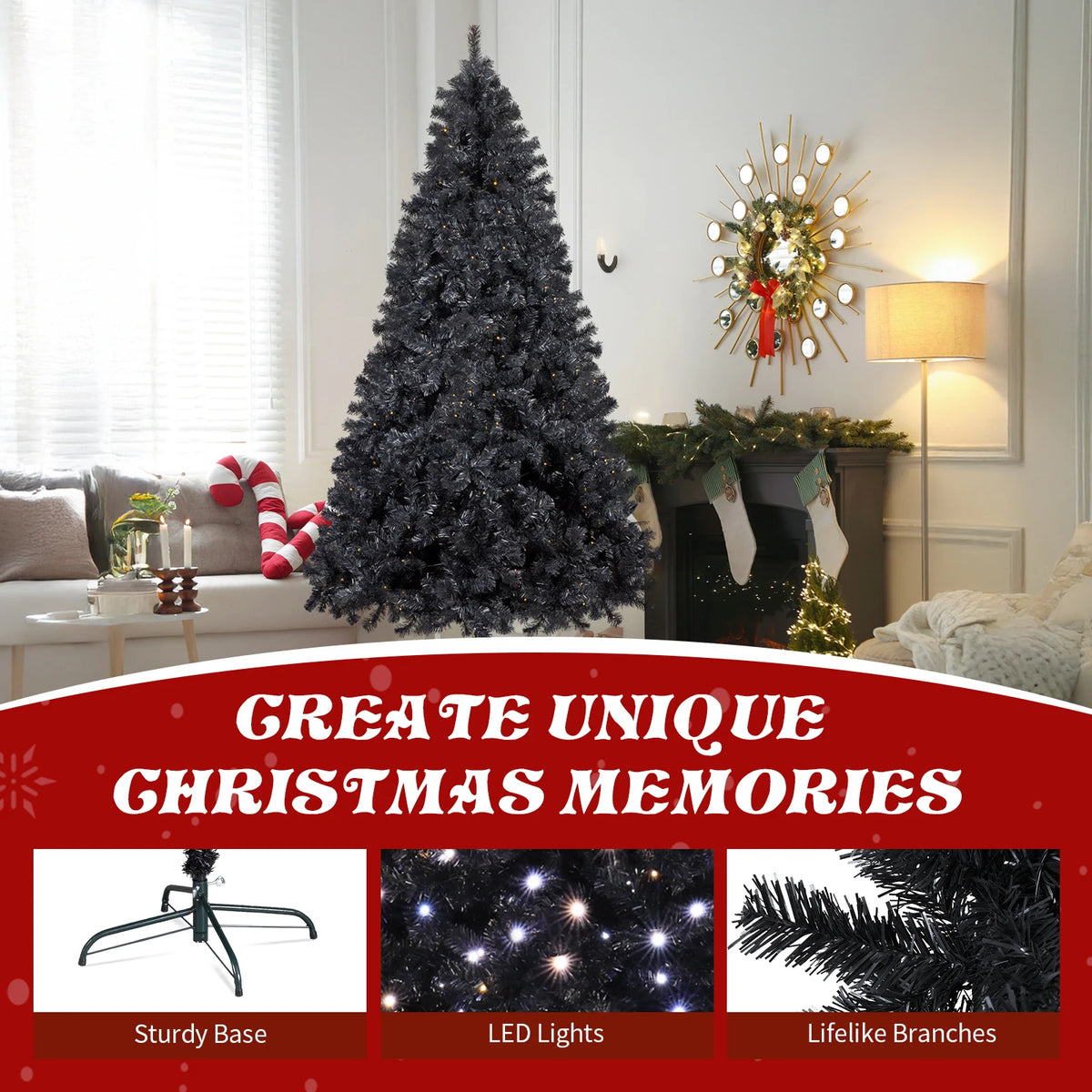 7.5 FT Pre-lit Artificial Christmas Tree, Hinged Xmas Pine Tree with 1350 Branch Tips, 400 Lights and Remote Control for Holiday Party Office Home, Black