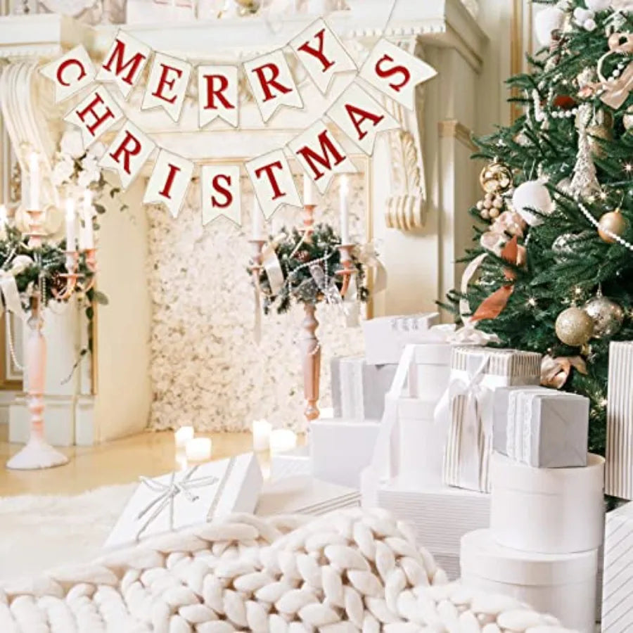 Christmas Burlap Banner Felt Merry Christmas Banner Pre-Assembled White Xmas Bunting Garland Celebration Hanging Decorations fo