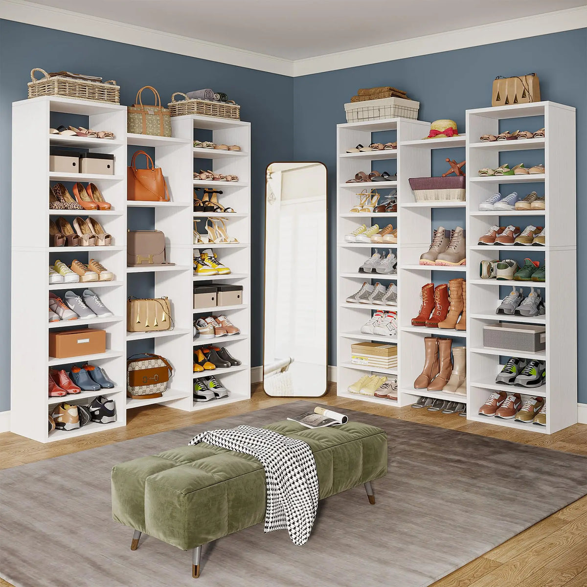 Tribesigns 14-Tier Shoe Rack, Freestanding Tall Shoe Shelf, White Wooden Shoe Storage Cabinet with 22 Open Cubbies, 46 Pairs Wid