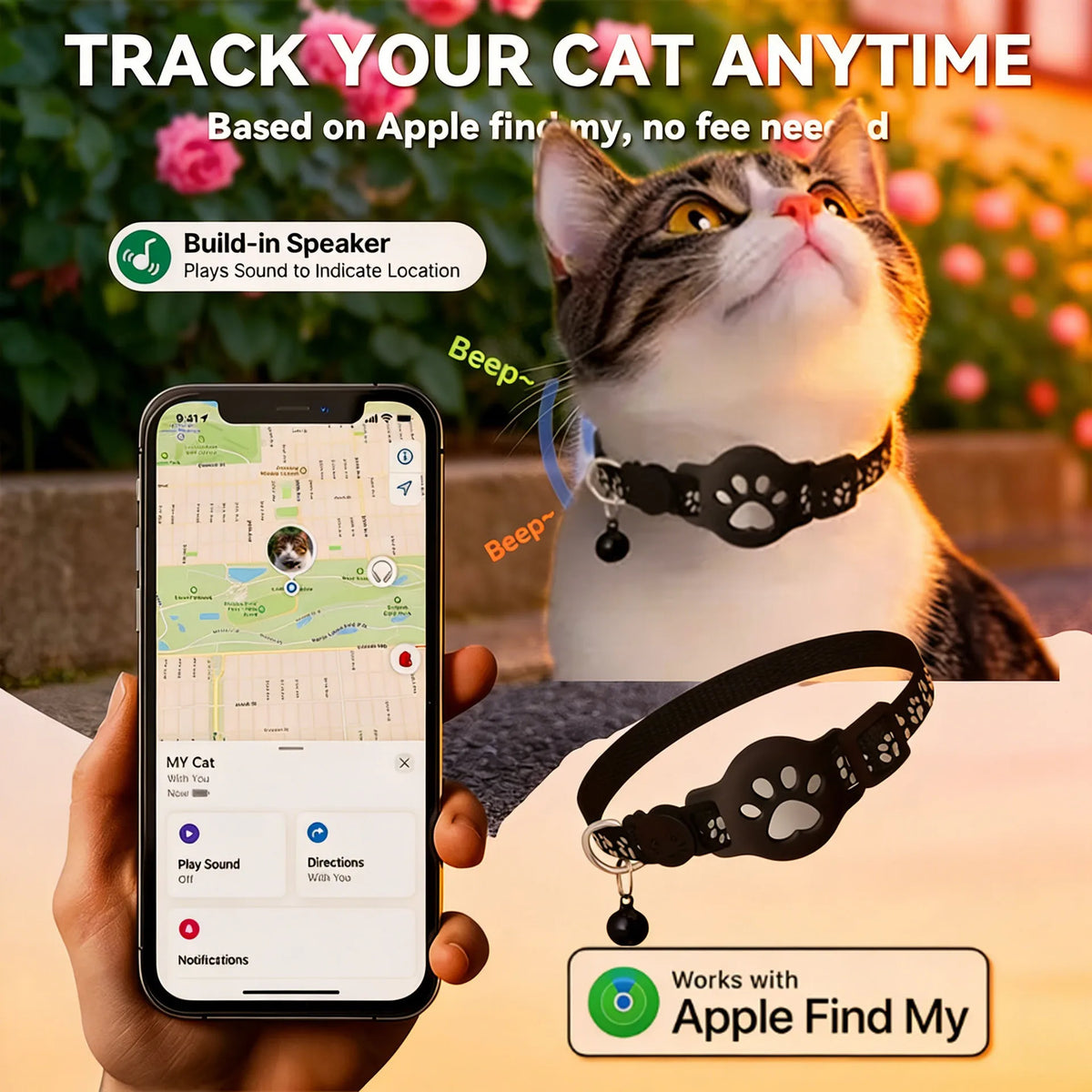 Night Safe Tracker Cat Collar Reflective Paw Design Works iOS & Android Breakaway Buckle Waterproof Anti-Lost Collar for Small Kittens