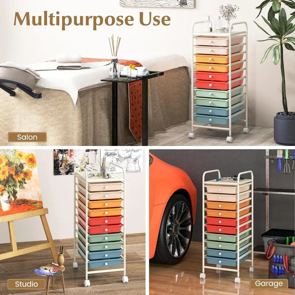 Ten Drawer Rolling Cart with Wheels Metal Frame Mobile Storage Trolley for Small Spaces Makeup Kitchen Office Playroom
