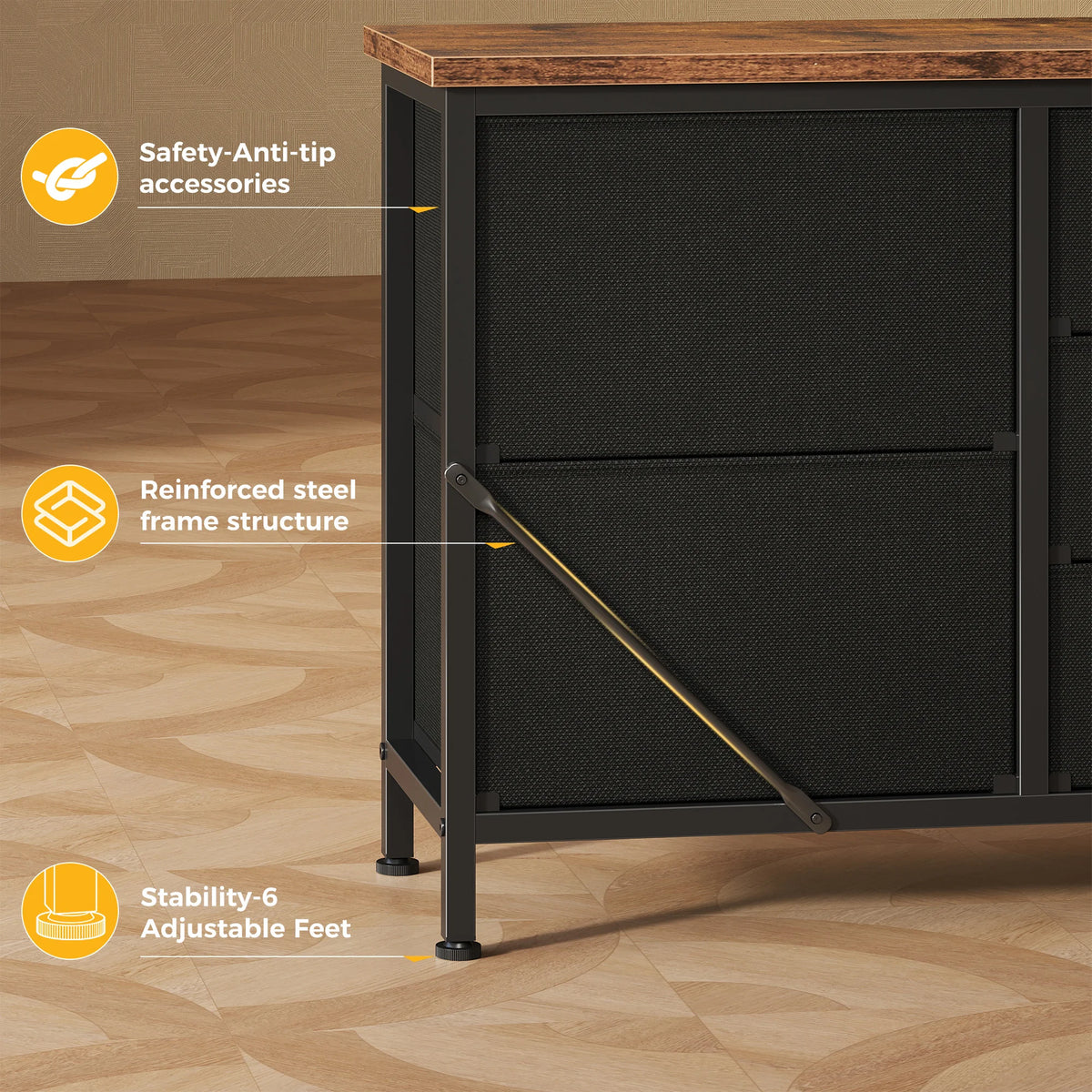 JHK 7 Drawer Drawers TV Stand Dresser Wood Top Media Console for 32-55 inch TV Stand with Metal Frame Storage Display Furniture