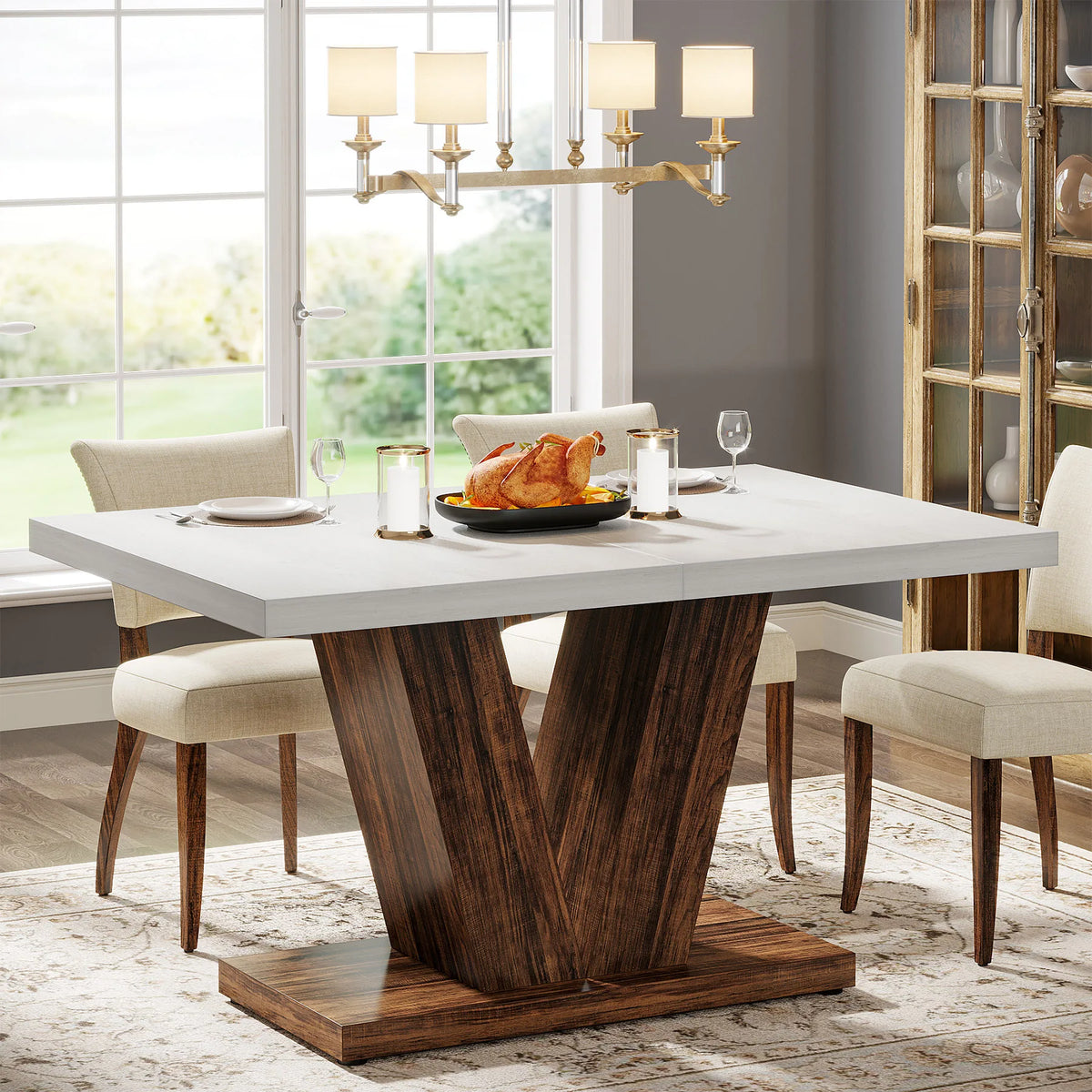Tribesigns 47-Inch Dining Table for 4-6, White Kitchen Dinner Table with Heavy Duty Pedestal, Farmhouse Wooden Eating Table