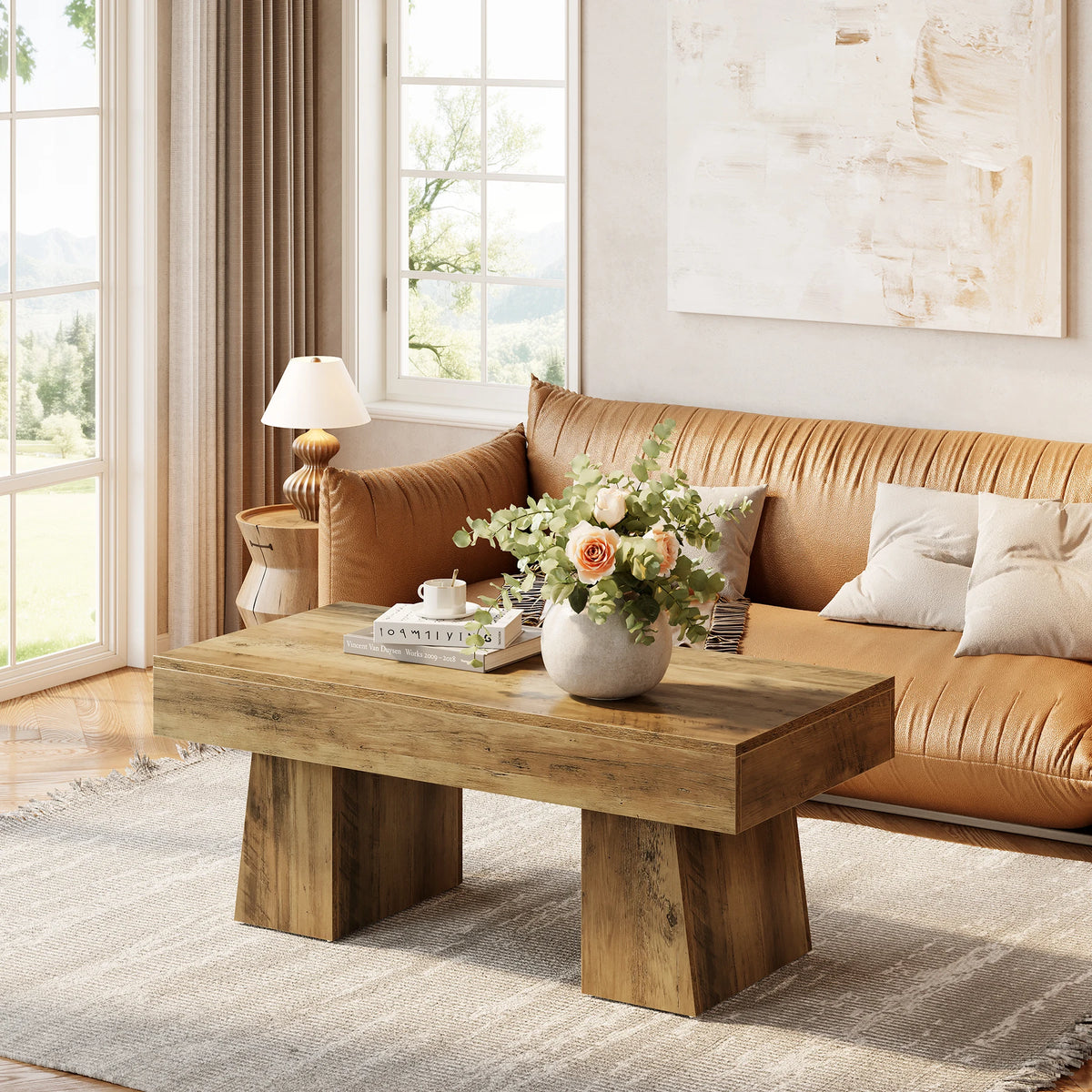 Tribesigns Farmhouse Wooden Coffee Table With Thick Base