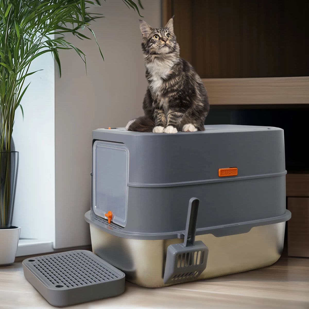4-Style Cat Litter Box with Lid Large Kitty Litter Box Enclosed with High Sided Enclosure Scoop Non-Sticky