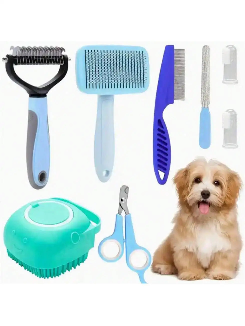 8pcs Pet Grooming Kit, Includes Pet Nail Clippers And File, Flea Comb, Pet Shampoo Brush, Pet Deshedding Brush And Silicone Toothbrush
