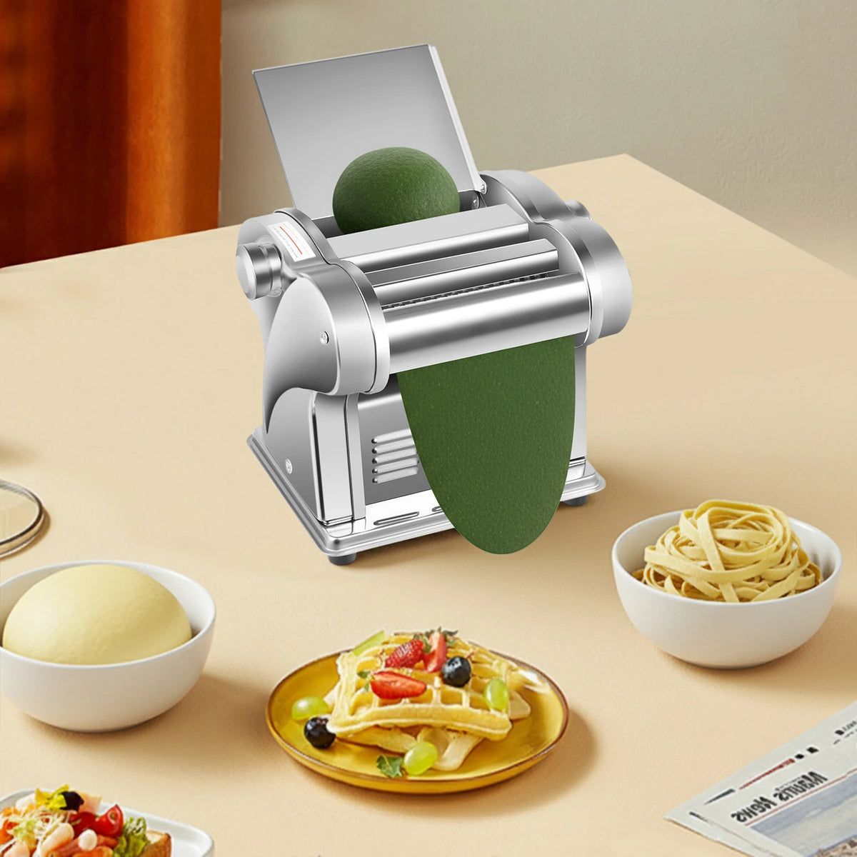 110V Stainless Steel  Electric Noodle Maker Machine, 135W Dual Blades 6 Thickness Settings Automatic Pasta Dough Roller Machine