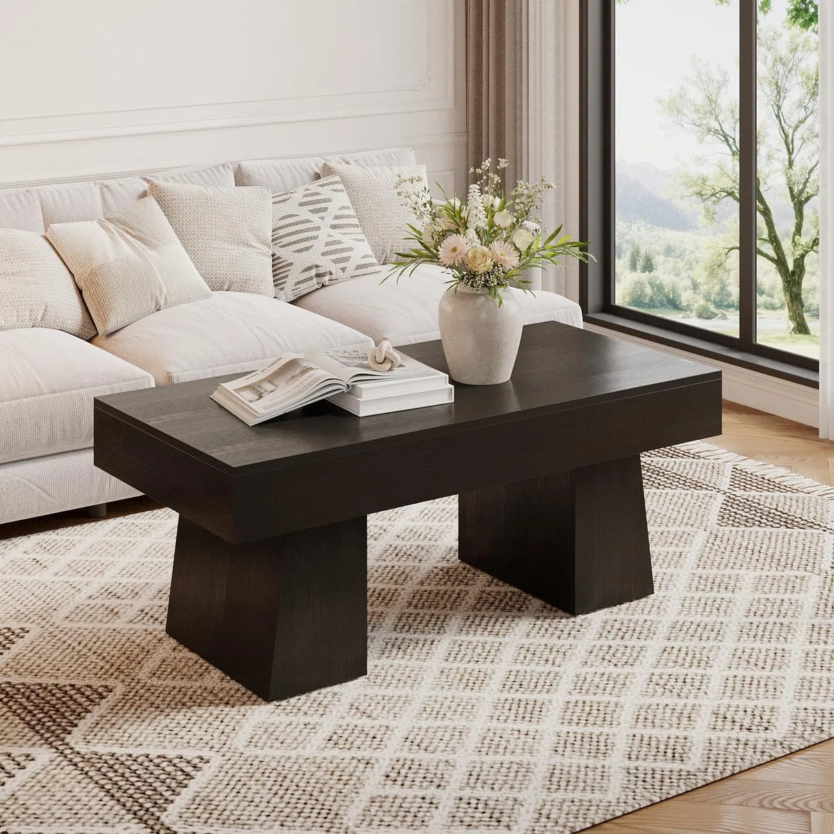 Tribesigns Farmhouse Wooden Coffee Table With Thick Base