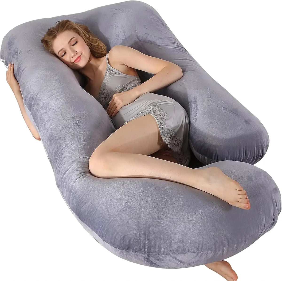 70*120cm Grey Crystal Velvet G Type Full Body Pregnancy Pillow Cooling Maternity Pillow for Sleeping with Removable Washable Cover for Pregnant Women