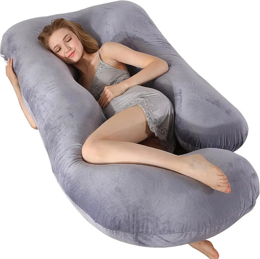 70*120cm Grey Crystal Velvet G Type Full Body Pregnancy Pillow Cooling Maternity Pillow for Sleeping with Removable Washable Cover for Pregnant Women